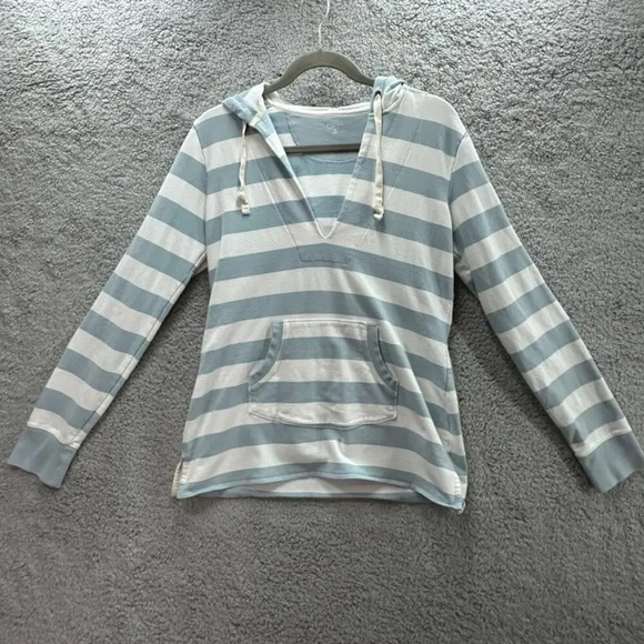 Gap Body Women's Medium Green White Striped Hooded Long Sleeve V-Neck Pullover‎ - Picture 1 of 7